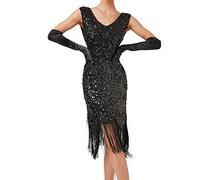 KBOPLEMQ Costume Gatsby pour Femme - Robe Vintage des Années 1920 - Charleston à Paillettes - Ourlet à Pompons - Cocktail, Bal de Fin d'Année, Soirée