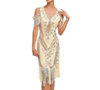 KBOPLEMQ Costume Gatsby pour Femme - Robe Vintage des Années 1920 - Charleston à Paillettes - Ourlet à Pompons - Cocktail, Bal de Fin d'Année, Soirée