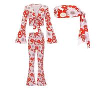 KBOPLEMQ Costume hippie pour femme - Accessoire hippie des années 60 et 70 - Haut - Pantalon évasé des années 70 - Pour fête à thème, discothèque, cosplay, carnaval, costume bohème, O rouge., S