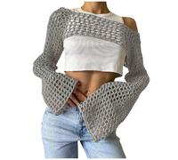 KBOPLEMQ Crop Top Grunge Y2K Sexy Hollow Out Crochet Tricot Crop Top Grunge Fit Dos Nu Manches Longues Flare Pull Smock Top Femmes Crochet Pull Manches Longues Creux Cover Up Tricoté Uni, O gris., XL