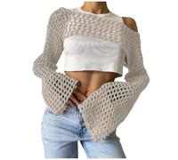KBOPLEMQ Crop Top Grunge Y2K Sexy Hollow Out Crochet Tricot Crop Top Grunge Fit Dos Nu Manches Longues Flare Pull Smock Top Femmes Crochet Pull Manches Longues Creux Cover Up Tricoté Uni, O beige., M