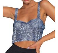 KBOPLEMQ Débardeur à paillettes pour femme - Sans manches - Paillettes - Bling - Strass - Avec bretelles spaghetti - Bandeau sexy - Pour festival, discothèque et carnaval, O bleu., XL
