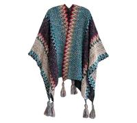 KBOPLEMQ Écharpe d'hiver pour femme - Élégant poncho en tricot pour femme - Multicolore - Avec pompons - Cape tricotée à franges - Cape douce - Boho - Poncho en tricot, O bleu., taille unique