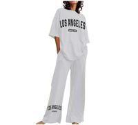 KBOPLEMQ Ensemble 2 pièces en coton-lin pour femmes, ensemble décontracté avec short à manches courtes Los Angeles California et pantalon à jambe large, coupe décontractée pour jogging, Q blanc., XL
