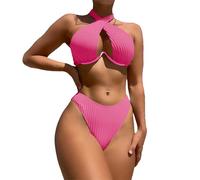 KBOPLEMQ Ensemble bikini pour femme, haut de bikini à gros seins, maillot de bain deux pièces, dos nu, sexy, col en V, ensemble de bikini push-up, rembourré, ensemble bikini, O rose chaud, M