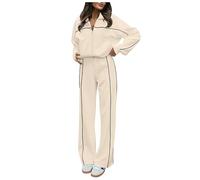 KBOPLEMQ Ensemble de jogging 2 pièces pour femme - Tenue de loisirs - Fermeture éclair complète - Sweat à capuche - Veste de survêtement large - Survêtement de sport avec imprimé rayé, O beige., S