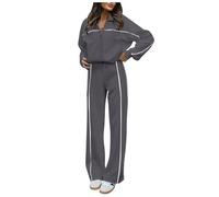 KBOPLEMQ Ensemble de jogging 2 pièces pour femme - Tenue de loisirs - Fermeture éclair complète - Sweat à capuche - Veste de survêtement large - Survêtement de sport avec imprimé rayé, O gris., XL
