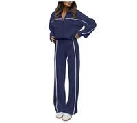 KBOPLEMQ Ensemble de jogging 2 pièces pour femme - Tenue de loisirs - Fermeture éclair complète - Sweat à capuche - Veste de survêtement large - Survêtement de sport avec imprimé rayé, O bleu., L