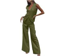 KBOPLEMQ Ensemble gilet et pantalon pour femme avec col en V - Ensemble 2 pièces - Élégant - Col en V - Sans manches - Blazer et pantalon - 2 pièces - Tenue en lin - Streetwear, Vert armée., L