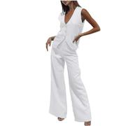 KBOPLEMQ Ensemble gilet et pantalon pour femme avec col en V - Ensemble 2 pièces - Élégant - Col en V - Sans manches - Blazer et pantalon - 2 pièces - Tenue en lin - Streetwear, Blanc., L