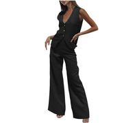 KBOPLEMQ Ensemble gilet et pantalon pour femme avec col en V - Ensemble 2 pièces - Élégant - Col en V - Sans manches - Blazer et pantalon - 2 pièces - Tenue en lin - Streetwear, Noir , XXL