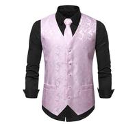 KBOPLEMQ Gilet de costume pour homme Paisley Cravate Mouchoir Jacquard Gilet de costume pour homme Gilet de smoking pour homme Gilet jacquard floral & cravate et gilet carré de poche, Rose, M