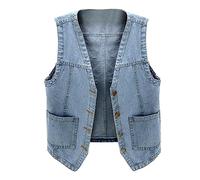 KBOPLEMQ Gilet en Jean Classique Pour Femme - Veste Sans Manches avec Bouton - Cardigan Décontracté à Coupe Ajustée - Style Camionneur et Moto - Mi-Saison