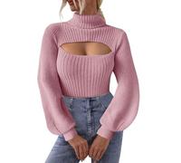 KBOPLEMQ Haut sexy Hollow Out Crochet Tricot Crop Top Smock Top Cover Up Uni Style années 90 Streetwear Gothique Punk Haut en tricot ample Grunge Y2K Fit Dos nu Manches longues évasées Pull, O rose.,
