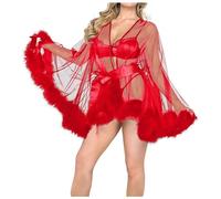 KBOPLEMQ Lingerie kimono sexy pour femme - Sous-vêtements sexy - Robe courte - Nuisette - Manches longues - Transparent - Grande taille - Vêtement de nuit - Peignoir sexy avec ceinture, O rouge., L