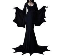 KBOPLEMQ Morticia Addams Costume d'Halloween pour femme - Robe de sorcière - Col en V - Robe fine à queue de poisson - Costume de sorcière sexy - Vêtement médiéval - Robe de sol - Fête de carnaval