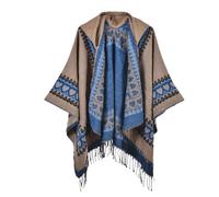 KBOPLEMQ Poncho tricoté pour femme - Poncho coloré avec impression nationale et pompons en tricot à franges - Cape avec manches - Ouvert sur le devant - Style bohème - Cardigan rétro ethnique