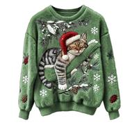 KBOPLEMQ Pull de Noël pour femme - Chat 3D imprimé - Sweatshirt drôle - Haut en flanelle - Festif - Doux - Pull de transition - Élégant - Chic - Tricot vintage - Costume de Noël, O Vert., L