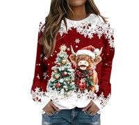 KBOPLEMQ Pull de Noël pour femme - Pull de Noël amusant - Chapeau de Noël - Imprimé vache des Highlands - Pull de Noël - Col rond - Manches longues - Coton - Pull de Noël, O rouge., XXL