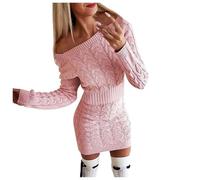 KBOPLEMQ Pull pour femme - Robe pull sexy - Épaules dénudées - Mini robe en tricot avec motif torsadé - Robe à manches longues - Automne - Hiver - Robe élégante - Robe pull ample - Mini robe, O rose.,