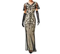 KBOPLEMQ - Robe Charleston style Gatsby pour femmes - Robe des années 1920 - Pour cocktail et soirée - Costume de carnaval - Robe à paillettes avec franges courtes - Manches - Col rond - Style