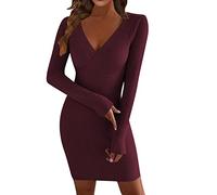 KBOPLEMQ Robe en tricot sexy pour femme - Robe pull moulante bodycon - Confortable - Robe de loisirs tricotée - Robe de soirée sexy - Pull long - Manches longues - Col en V - Mini robe décontractée