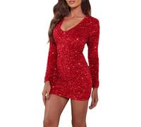 KBOPLEMQ Robe Festive Pour Femme - Paillettes, Manches Longues, Col en V - Brillante, Sexy, Cocktail Courte - Moulante, Mini Enveloppante - Robe de Fête, Rouge