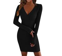 KBOPLEMQ Robes tricotées pour femmes Robe pull sexy moulante Robe pull confortable Robe de loisirs tricotée Robe de soirée sexy Pull long à manches longues Col en V Mini robe décontractée, Noir , M