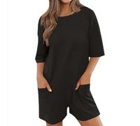 KBOPLEMQ Salopette surdimensionnée pour femme - Légère - Courte - Sans manches - Pour l'été - Manches courtes - Couleur unie - Baggy - Avec poches - Combinaison courte de sport - Une pièce, O Noir., M