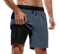 KBOPLEMQ Short de bain pour homme avec doublure de compression 2 en 1 respirant - Short d'entraînement élastique - Cordon de serrage réglable avec poches zippées - Short de bain de compression, O Noir