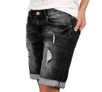 KBOPLEMQ Short en jean pour femme - Taille haute - Short basique stretch avec revers - Bermuda en denim - Short d'été - Longueur genou - Pantalon confortable au look usé - Pantalon large, O Noir., XXL