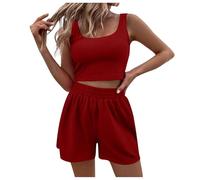 KBOPLEMQ Tenue de sport 2 pièces pour femme - Débardeur court - Combi 2 pièces - Vêtements d'été - Short et haut - Combinaison d'été - Bretelles spaghetti - Ventre nu - Camisole, O rouge., M