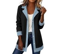 KBOPLEMQ Veste d'été patchwork pour femme - Veste longue ample avec col à revers - Patchwork de couleurs contrastées - Veste en jean vintage classique - Veste demi-saison, O Noir., M