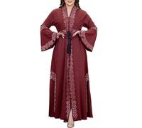 KBOPLEMQ Vêtements de prière pour femmes, Abaya Dubaï Turquie Islam Abayas Robe musulmane avec cordon d'extraction Eid Djellaba Abaya Dubaï Manches bouffantes brillantes Robe en satin musulman, rouge