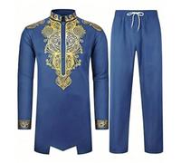 KBOPLEMQ Vêtements de prière pour hommes Vêtements musulmans Tenue africaine à manches longues Dashiki avec imprimé doré et pantalon Middle East Thobe Ensemble traditionnel 2 pièces Costume islamique,