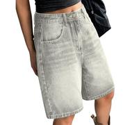 KBOPLEMQ Y2K Short baggy en jean pour femme - Bermuda court - Délavé - Jambes larges - Décontracté - Barrel - Jean - Short d'été surdimensionné Y2K - Short d'été décontracté en denim, P argenté, S
