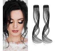 KBRPEY 2 Paires Long Side Air Bangs 35 cm Naturel Wavy Curly Thin Air Hair Synthétique Dragon Beard Bangs pour Femmes Filles (Noir A)