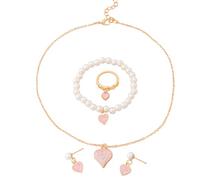 KBRPEY 4 Pièces Ensemble Bijoux Cœur Perle Collier Bracelet Bague Boucles D'oreilles Parure Élégante Romantique Charme Accessoires Femme