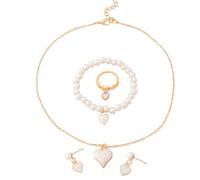 KBRPEY 4 Pièces Ensemble Bijoux Cœur Perle Collier Bracelet Bague Boucles D'oreilles Parure Élégante Romantique Charme Accessoires Femme