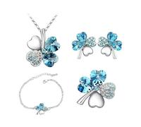 KBRPEY 4 Pièces Ensemble Bijoux Trèfle Cristal Collier Boucles D'oreilles Bracelet Bague Accessoires Femme Parure Élégante