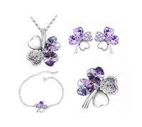 KBRPEY 4 Pièces Ensemble Bijoux Trèfle Cristal Collier Boucles D'oreilles Bracelet Bague Accessoires Femme Parure Élégante