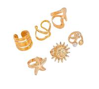 KBRPEY 6 Pièces Ensemble Gros Anneaux Dorés Femmes Plaqué Or 14k Bagues Dômes Épaisses Tendances À Porter Superposées Séparément Motif Soleil Looks Élégants Mode Bijoux