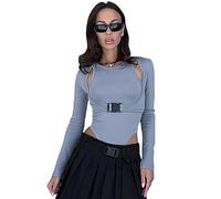 KBRPEY Body à Manches Longues pour Femme Stretch Slim Jumpsuit Top Sexy Bodysuit Long-Sleeve Body Femme Cut Out Fausse Combinaison Deux Pièces(Gris L)