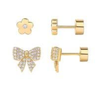 KBRPEY Boucle d’Oreille Clous Plaquées Or 14K en Lot de 2 Design Fleur et Nœud avec Zirconium Bijoux en Cuivre Fins et Hypoallergéniques pour Femme
