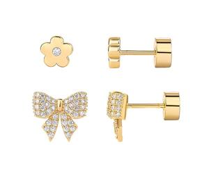 KBRPEY Boucle d’Oreille Clous Plaquées Or 14K en Lot de 2 Design Fleur et Nœud avec Zirconium Bijoux en Cuivre Fins et Hypoallergéniques pour Femme