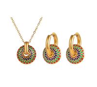 KBRPEY Ensemble Bijoux Médaillon Mosaïque Colorée Collier Boucles D'oreilles Créoles Doré Motif Mandala Ethnique Artisanal