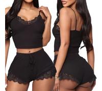 KBRPEY Ensemble Pyjama Femme Bretelles Fines Top Court Et Short Vêtements de Nuit Sexy Dentelle Élégant Confortable Tenue Satin Robe de Nuit Deux Pièces