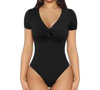 KBRPEY Femme Body Manche Courte Moulant Sexy Col En V Bodysuit Slim Jumpsuit Chic Couleur Unie Stretch Confortable Loisirs T Shirt Eté Haut Top Streetwear (L)