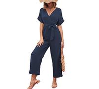 KBRPEY Femmes Combinaison Manches Courtes Barboteuse Jumpsuit Col V Longue Pantalon Baggy Chic Élégant Couleur Unie Loose Casual Playsuit Combishort D'été avec Ceinture