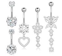 KBRPEY Lot de 5 Piercing Nombril Argent avec Zirconium Piercings Nombril Cœur et Papillon Styles Classiques et Pendants Bijoux pour Bikini et Look d’Été (Argent 2)
